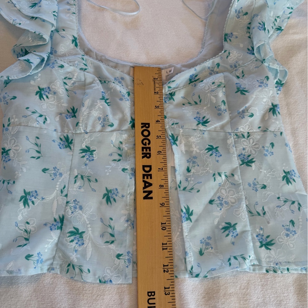 All In Favor Blue Floral Lace Up Crop Corset Top L Cottagecore Ruffle Blouse NWT - Picture 6 of 8